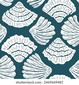 Linocut illustration of underwater world. Vector seamless pattern with hand drawn white scallop shell on dark blue background. Beautiful sea coast tile with organic vibrant shapes. Ocean aesthetics.