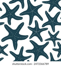 Linocut illustration of underwater world. Vector seamless pattern with blue hand drawn starfish on white background. Beautiful sea coast tile with organic vibrant shapes. Ocean aesthetics.