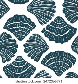 Linocut illustration of underwater world. Vector seamless pattern with blue hand drawn scallop shell on white background. Beautiful sea life tile with organic vibrant shapes. Ocean aesthetics.