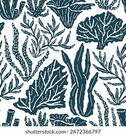 Linocut illustration of underwater world. Vector seamless pattern with hand drawn blue coral and seaweed on white background. Beautiful sea reef life tile with organic vibrant shapes. Ocean aesthetics