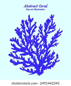 Linocut illustration of vibrant blue coral reef. Vector sealife coral branch is hand drawn with intricate use of abstract textures and bright colors isolated against pale blue background.