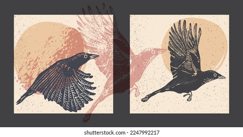 Linocut image of bird in flight. Lino print on the old paper. Can be used as a stamp on clothing, wall art, postcard. Hand drawn vector