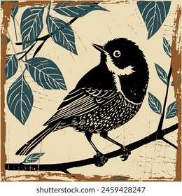 Linocut image of a bird on a branch. Lino print on the old paper. Can be used as a stamp on clothing, wall art, postcard. Hand drawn vector	