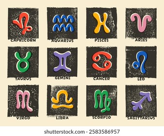 Linocut imitation vector zodiac signs set. Textured relief printing square grungy backgrounds with detachable names. Organic rounded hand drawn trendy modern horoscope symbols. Retro vintage colors.