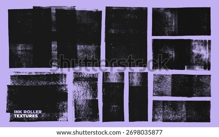 Linocut ink roller stamp texture collection on violet background. Punk grunge background and rough roller effect for vintage letterpress effect. Xerox paper look perfect for posters and album art.