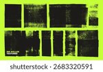 Linocut ink roller stamp vector textures on toxic green neon background. Rough ink overlays. Handmade printmaking and letterpress effect. Bold grunge brush strokes with stamp distressed texture.