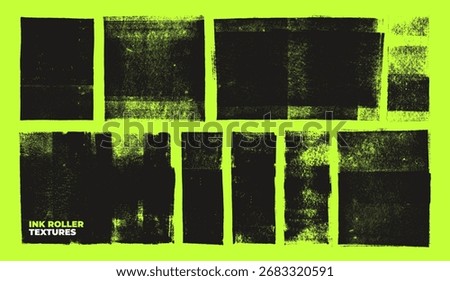 Linocut ink roller stamp vector textures on toxic green neon background. Rough ink overlays. Handmade printmaking and letterpress effect. Bold grunge brush strokes with stamp distressed texture.