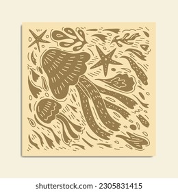 Linocut jellyfish doodle hand drawn