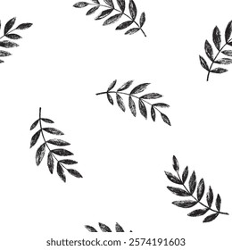 Linocut leaves black and white seamless pattern. Vector background.