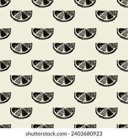  Linocut with lemon slices. Vector summer seamless pattern for banners, cards, flyers, social media wallpapers, etc.