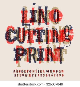 Linocut letters and numbers, alphabet for creating vintage design, vector illustration.