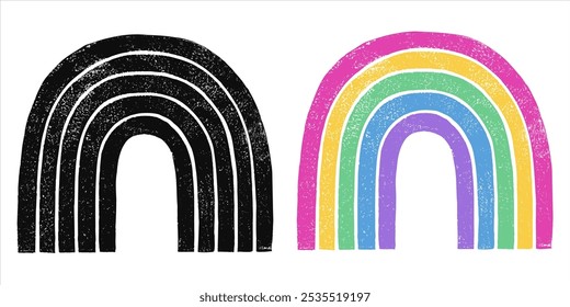 Linocut, lino ink 5 stripes rainbow arc hand printed vector illustration. Textured uneven doodle colorful stripes, colorful illustration, text background, poster, social media template. Grainy texture