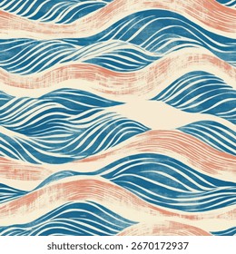 Linocut pattern of waves, cream background with peach and blue lines. grunge ikat pattern, stamp seamless pattern, linin texture, Vector illustration background for print the paper.