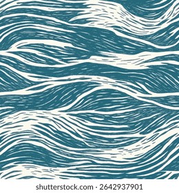Linocut pattern of waves, teal and white color palette on linen fabric print pattern, cotton, silk, vector illustration, doodle summer, kids and baby designs for print fabric.