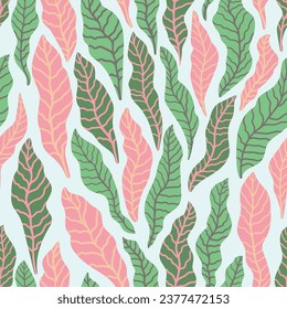 Linocut pink and green vector leaves on light blue background. Seamless vector leaves linocut grunge pattern. Linocut vector seamless print. Great for label, print, packaging, fabric.