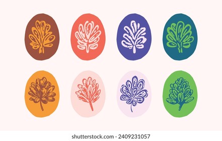 Linocut plant sprig in colorful frame vector motif set. Folkart collection of rural rustic floral in shabby chic scandi style. Clipart collection for graphic quirky leaf illustration. 