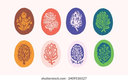 Linocut plant sprig in colorful frame vector motif set. Folkart collection of rural rustic floral in shabby chic scandi style. Clipart collection for graphic quirky leaf illustration. 