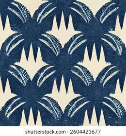 Linocut print of an indigo and cream palm tree, grunge lines ikat pattern, striped seamless pattern, Vector illustration background for print the paper.