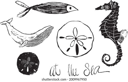 Linocut prints of whale, fish, sand dollar and seahorse - vector