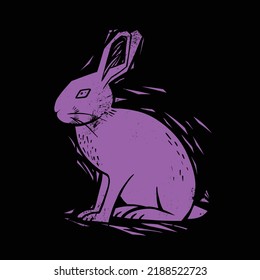 linocut rabbit illustration with shabby texture