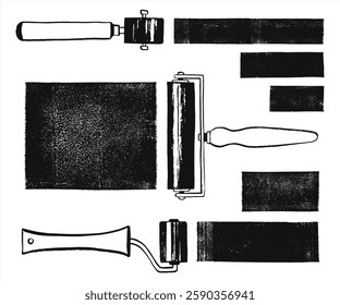 Linocut bloco de alívio impressão rolos de tinta de borracha, ilustração de respiradores. Retângulo texturizado formas lino, caixas de texto. Ferramentas de impressão desenhadas à mão com pincel de tinta preta. Modelo de anúncio do tutorial de cartaz da classe principal.