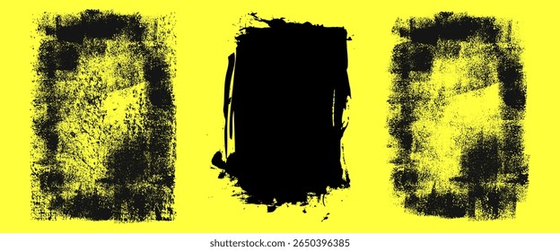 Linocut, relief print, A4 letterpress rectangle shape, rough texture set, collection. Black linocut textured background, text frame. Vector ilustration