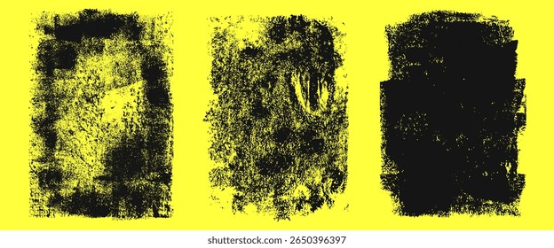 Linocut, relief print, A4 letterpress rectangle shape, rough texture set, collection. Black linocut textured background, text frame. Vector ilustration