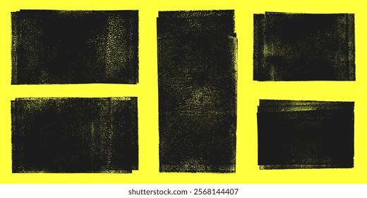 Linocut, relief printing layered rectangle grungy textures vector set. Black and white artistic linocutting text backgrounds, uneven edge. Paint roller stains collection, textured lino ink remains