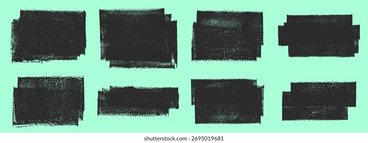 Linocut, relief printing layered rectangles grunge textures vector set. Artistic rough text boxes, frames, backgrounds, uneven geometric edge. Paint roller stains collection, textured lino ink remains