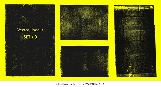 Linocut, relief printing, letterpress rectangle shapes rough textures set, collection. Black linocutting textured backgrounds, text frames. Paint roller geometric stains, lino ink grungy remains