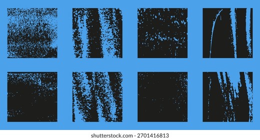 Linocut Relief Printing Rectangle Shapes. Stamp Texture Collection. Rough Black Ink Roller Textures. Stamp Grunge Ink. Isolated Vector Illustration.