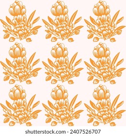 Linocut rural floral folkart seamless vector pattern for block print nature design. Icon of hand drawn quirky plant sprig illustration in tiled background for scandi naive graphic swatch.
