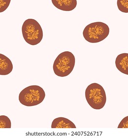 Linocut rural floral folkart seamless vector pattern for block print nature design. Icon of hand drawn quirky plant sprig illustration in tiled background for scandi naive graphic swatch.