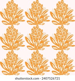 Linocut rural floral folkart seamless vector pattern for block print nature design. Icon of hand drawn quirky plant sprig illustration in tiled background for scandi naive graphic swatch.