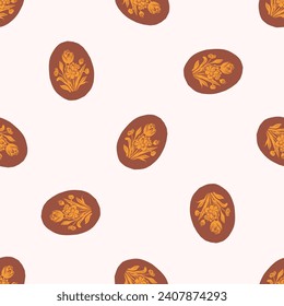 Linocut rural floral folkart seamless vector pattern for block print nature design. Icon of hand drawn quirky plant sprig illustration in tiled background for scandi naive graphic swatch.