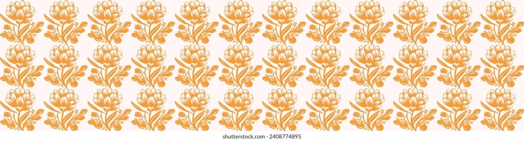 Linocut rural floral folkart seamless vector border for block print nature design. Icon of hand drawn quirky plant sprig illustration in tiled ribbon for scandi naive graphic banner.