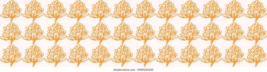 Linocut rural floral folkart seamless vector border for block print nature design. Icon of hand drawn quirky plant sprig illustration in tiled ribbon for scandi naive graphic banner.
