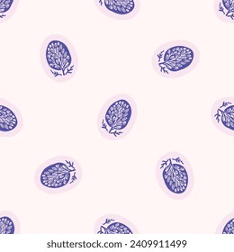 Linocut rural floral folkart seamless vector pattern for block print nature design. Icon of hand drawn quirky plant sprig illustration in tiled background for scandi naive graphic swatch.