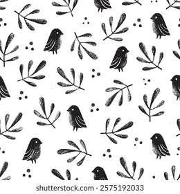 Linocut seamless pattern with birds and leaves. Black and white vector background.