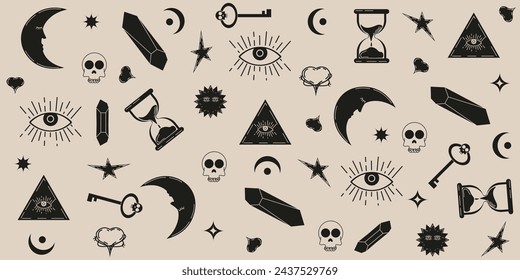 Linocut seamless pattern with Esoteric mason element in trendy Retro grunge style. Wrapping papper design with watchful eye, moon sandglass silhouette. Vector illustration can used wallpaper. EPS 10