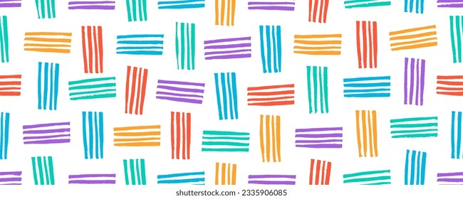 Linocut patrón sin fisuras con franjas cortas verticales y horizontales. Textura de tejido vectorial multicolor. Textura del tejido grunge abstracto. Patrón geométrico con formas simples de doodle. Cartel étnico.