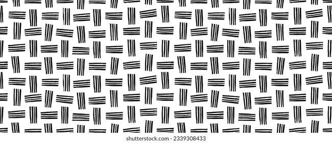 Linocut seamless pattern with vertical and horizontal short stripes. Vector fabric texture. Abstract grunge weave texture. Geometric pattern with simple doodle shapes. Abstract ethnic banner.