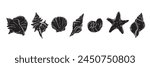 Linocut shell set, vector ocean beach scallop silhouette print, summer marine snail icon collection. Tropical seashore engraving illustration, mollusc conch woodcut. Linocut shell nautical clipart