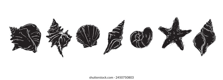 Linocut shell set, vector ocean beach scallop silhouette print, summer marine snail icon collection. Tropical seashore engraving illustration, mollusc conch woodcut. Linocut shell nautical clipart