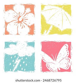 Linocut Spring Elements Vector Graphic Illustration Design