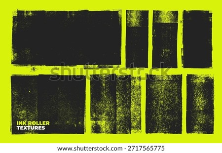 Linocut stamp texture collection. Printmaking background with rough texture and rolled ink effect for vintage print design. Vector retro overlays with grunge and distressed borders. Letterpress print.