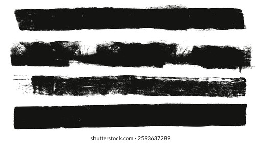 Linocut straight texture lines. Ink roller long stripes background. Grunge letterpress rectangles. Dry brayer stroke isolated on white background. Painted relief stain. Vector lino abstract figures.