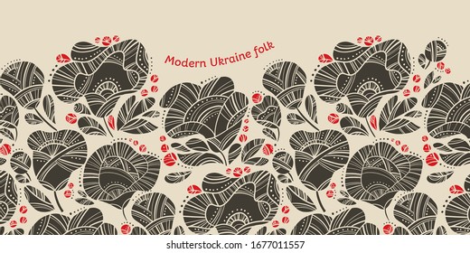 Linocut Style Abstract Floral Horizontal Header With Ukraine Folk Vibes For Card, Header, Invitation, Poster, Social Media, Post Publication. Decorative Hand Drawn Peasant Rose Flowers Art.