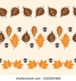 Linocut Style Autumn Leaves Vector Horizontal Seamless Borders Set