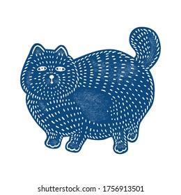 Linocut style friendly cat vector illustration. Ready to use graphic art.